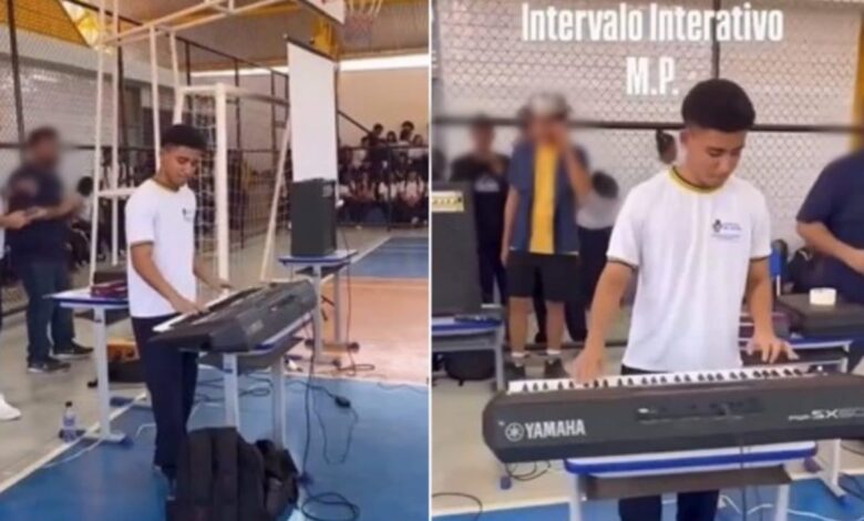 Estudante dança pisadinha em evento escolar em Goiás.
