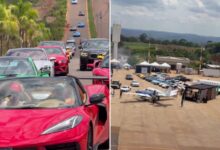 Carros de luxo e aeronaves em exposição durante evento em Goiás.