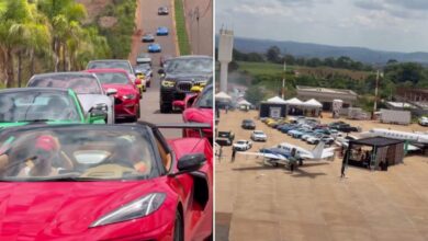 Carros de luxo e aeronaves em exposição durante evento em Goiás.