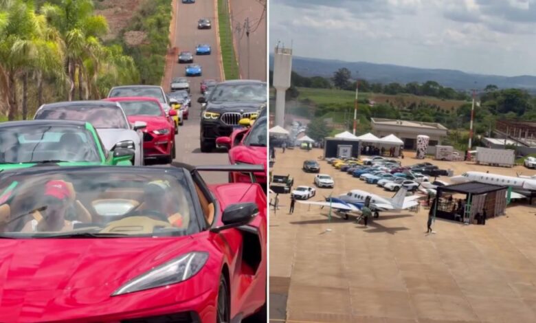 Carros de luxo e aeronaves em exposição durante evento em Goiás.