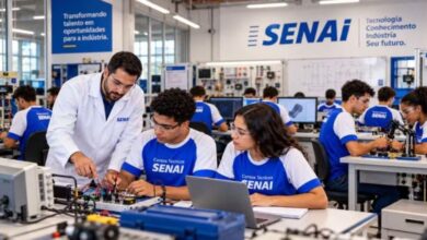 Alunos em aula prática em laboratório técnico do Senai.