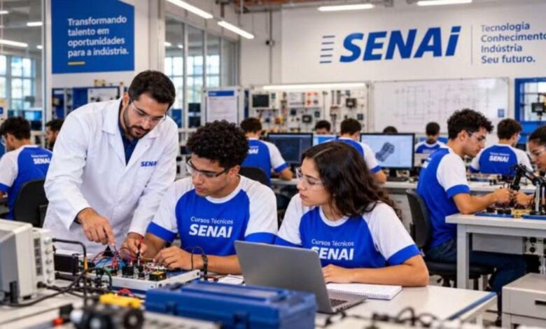 Alunos em aula prática em laboratório técnico do Senai.