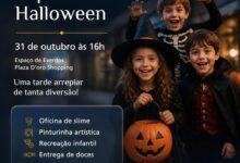Crianças em atividades temáticas de Halloween no Plaza D’oro Shopping.