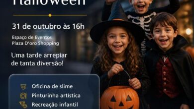 Crianças em atividades temáticas de Halloween no Plaza D’oro Shopping.