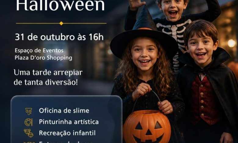 Crianças em atividades temáticas de Halloween no Plaza D’oro Shopping.