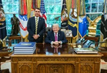 Flávio Bolsonaro ao lado de Donald Trump durante encontro na Casa Branca.