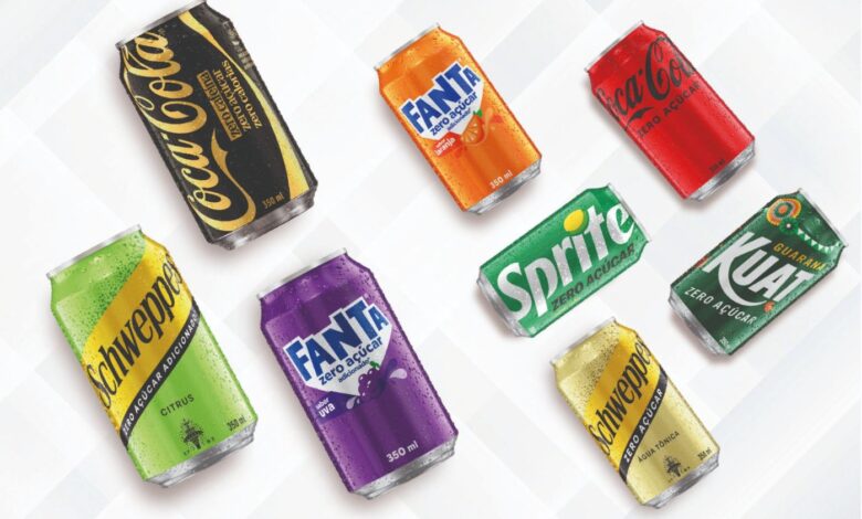 Latas de refrigerantes zero açúcar lançados pela Coca-Cola BANDEIRANTES.